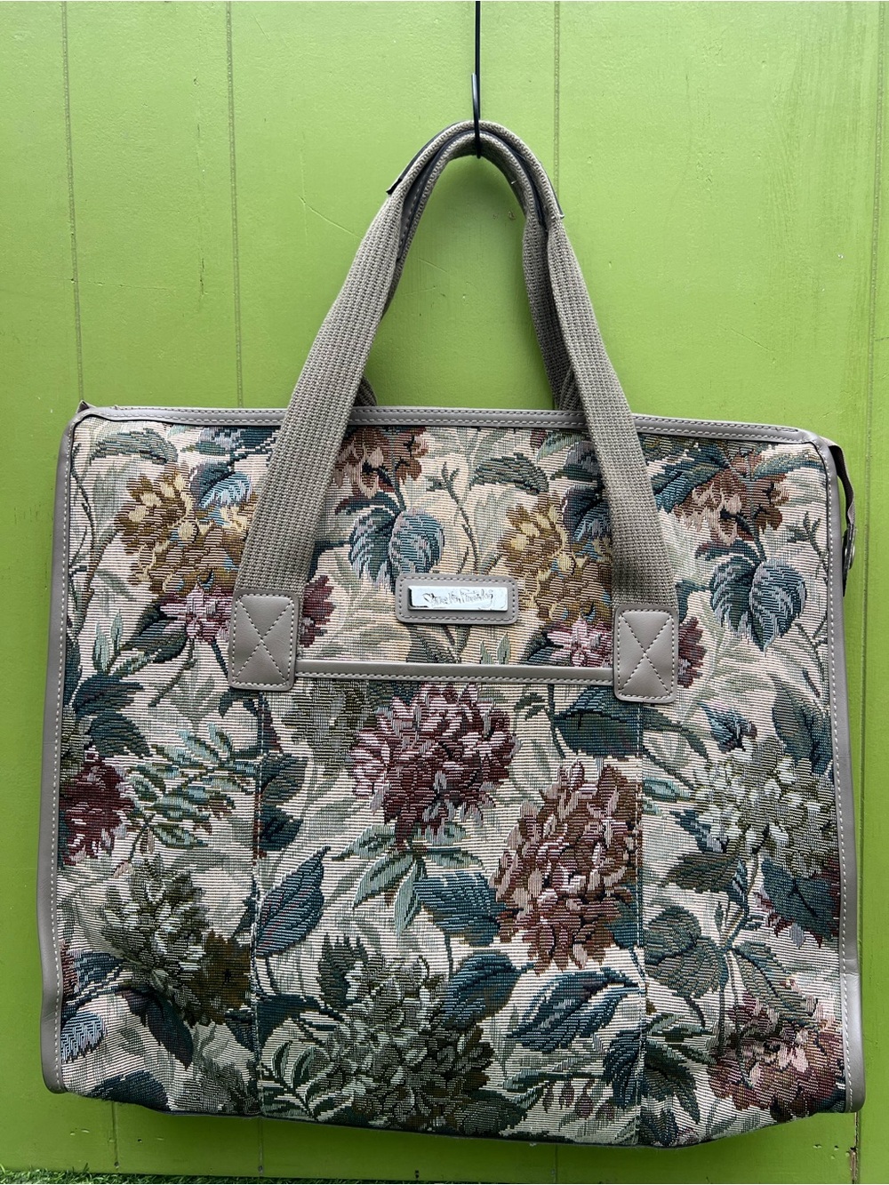 Vintage Diane Von Furstenburg Floral Tapestry Tote Bag in Beige, Green